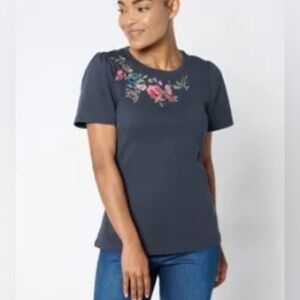 Driftwood Jeans Julie Crew Neck Shirt Serenity Embroidered Navy Floral Boho